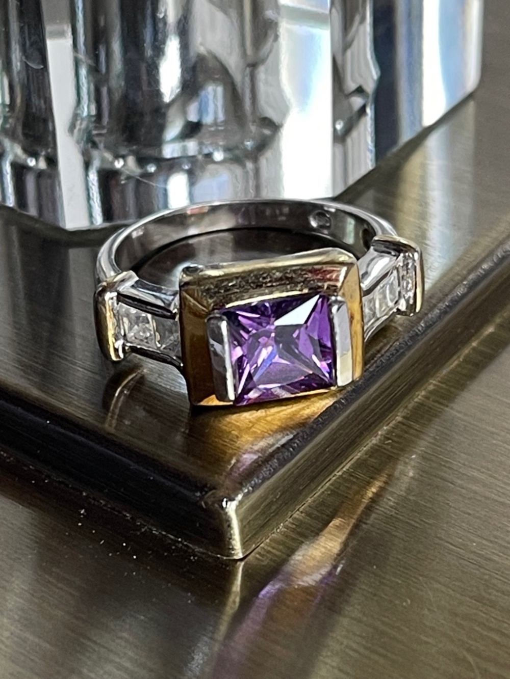 Purple Square-Cut Gem Two-Tone Ring